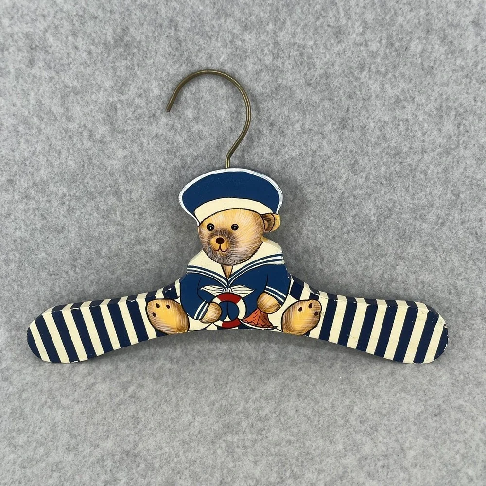 Teddy Bear Wooden Hangers Hand Painted 90s Kids Set‎ Of 2 Striped Nursery Decor